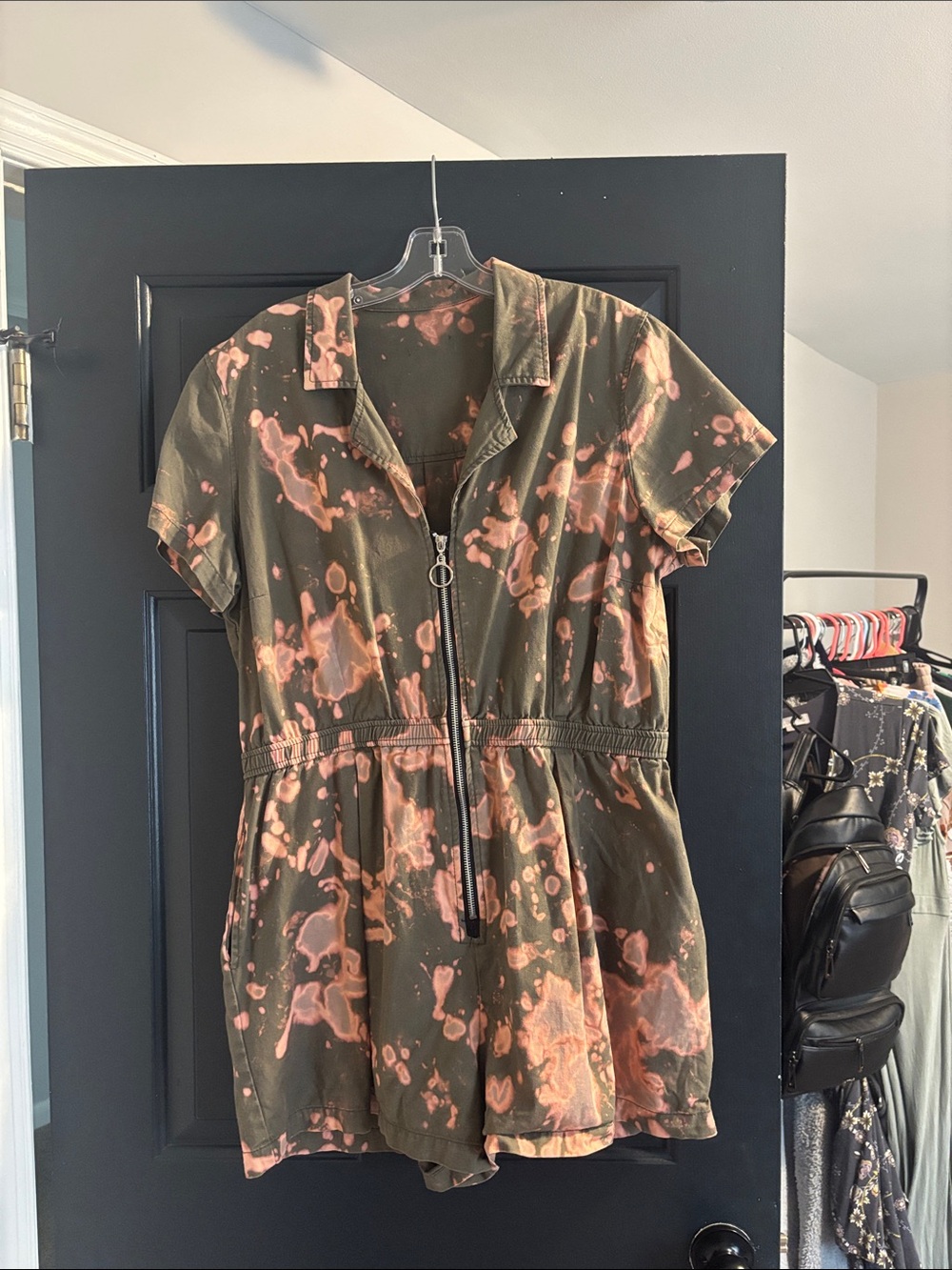 Thrifted Olive Green and Coral Acid Wash Zip-Front Romper with Pockets
